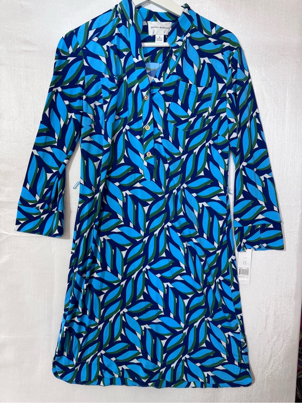 Dotted Lines Blue Leaf-Print Shift Dress - Blue